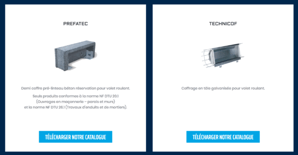 Capture d'écran du site Préfa-Technicof : gammes